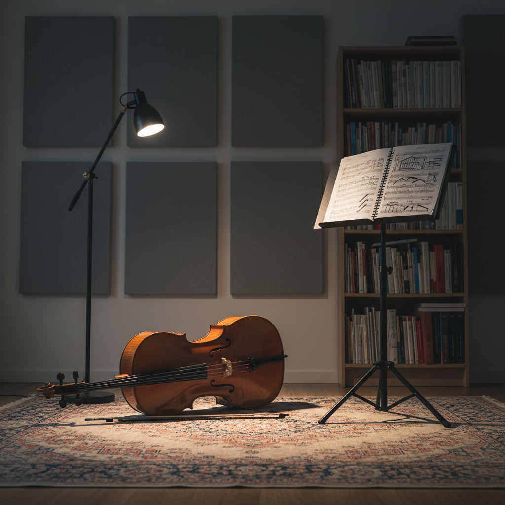 A minimalist rehearsal space featuring a single cello resting on its side on a worn Persian rug, its rich wood grain and curves catching subtle reflections from a nearby floor lamp. Beside it, a low music stand holds an open, heavily marked contemporary score, pages slightly curled at the edges. The walls are treated with simple acoustic panels and a single bookshelf of scores and theoretical texts. Soft, warm artificial lighting creates calm pools of illumination, leaving corners of the room in gentle shadow. Photographic, slightly low-angle perspective with the cello foregrounded and the score in mid-ground, moderate depth of field. The atmosphere is introspective and refined, evoking performance as a site of research and ongoing questioning rather than polished concert display.